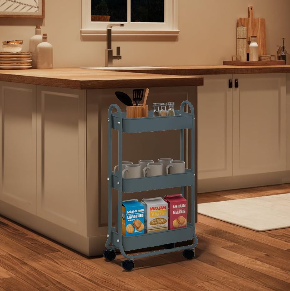 SunnyPoint Slim Rolling Storage Cart, 3 Tier Bathroom Storage Organizer Bathroom, Laundry Utility Cart (Blue)
