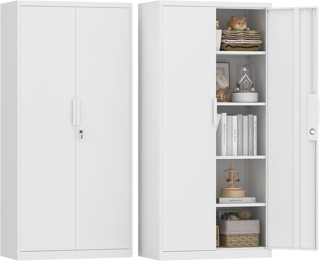 GREATMEET Metal Garage Storage Cabinet with 2 Doors and Shelves - 72" x 34" x 18" Steel Lockable File Cabinet, White Locking Tool Cabinets for Office Home Garage Gym School