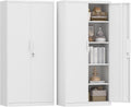 GREATMEET Metal Garage Storage Cabinet with 2 Doors and Shelves - 72" x 34" x 18" Steel Lockable File Cabinet, White Locking Tool Cabinets for Office Home Garage Gym School