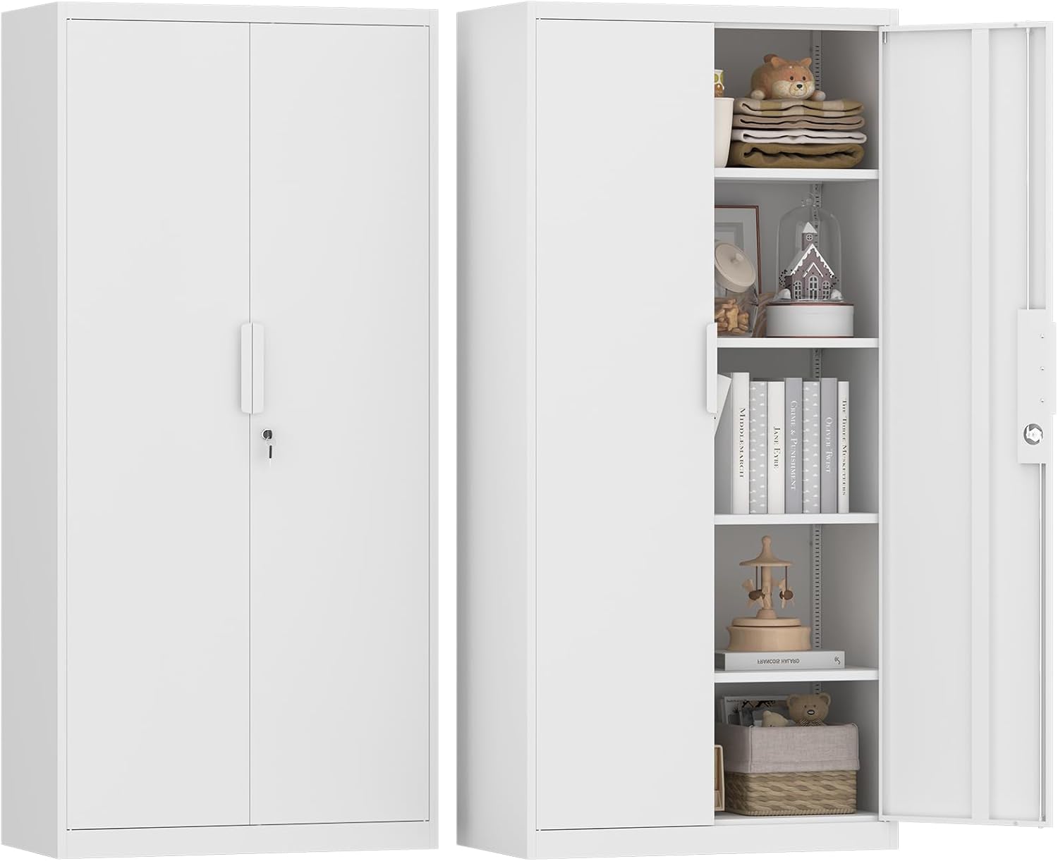 GREATMEET Metal Garage Storage Cabinet with 2 Doors and Shelves - 72" x 34" x 18" Steel Lockable File Cabinet, White Locking Tool Cabinets for Office Home Garage Gym School