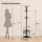 ELYKEN Coat Rack Freestanding, Metal Coat Rack with Umbrella Holder | 12 Hooks, Round Base, Heavy Duty Floor Standing Coat Tree for Entryway, Hallway, Living Room, Bedroom, Office, Black