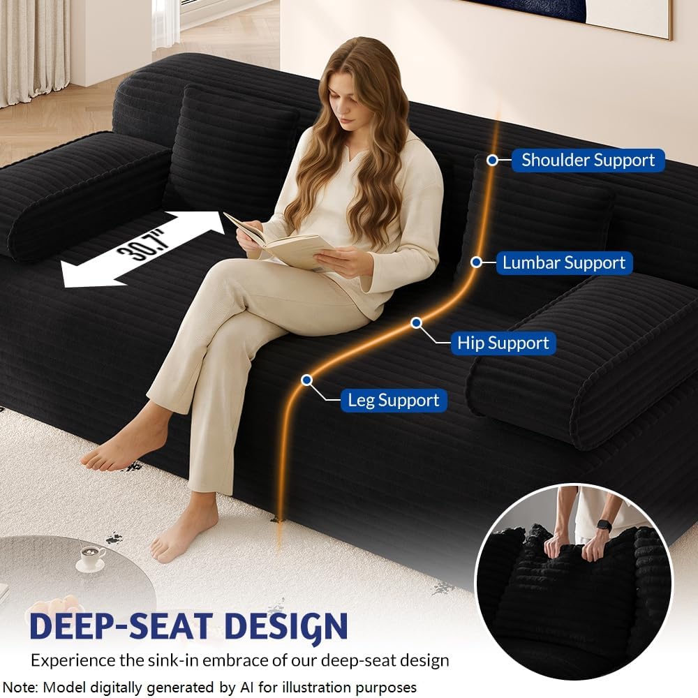 78.7'' Boneless Couches Queen, Corduroy Futon Sofa Bed, Modern Floor Couch, Cloud Convertible Sleeper Sofa Daybed, Comfy Loveseat, 3 Pillows, for Small Spaces, Living Room, Apartment, Black