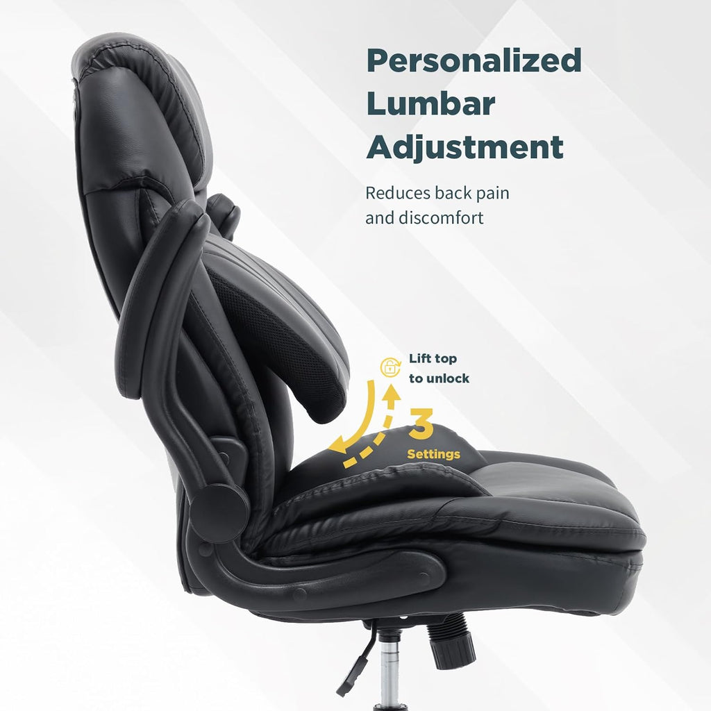 Ergonomic Executive Office Chair with Flip up Arms, Wide Seat Big and Tall Office Desk Chairs with Back Lumbar Support for Back Pain, Black Leather