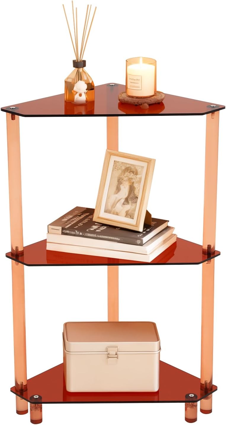 Brown Triangle Acrylic Side Table, 3 Tier Triangle End Table, 22.05lbs Capacity Small Side Table for Living Rooms, Bedrooms, Offices (Brown, 11.8'' L x 11.8'' W x 26'' H)