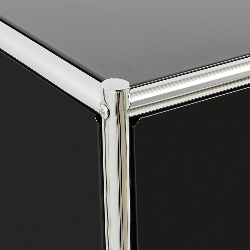 Modern Metal Side Table with Drop-Door & Open Shelf, 27.5" Height Silver & Orange Storage Cabinet for Living Room, Bedroom, Office - Nightstand, Bookshelf, for Small Spaces, Apartments & Dorms(Black)