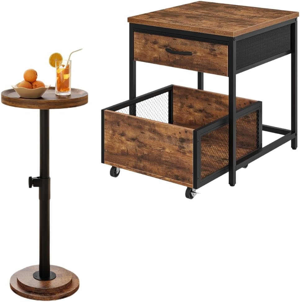 CHOEZON End Table and Height Adjustable Drink Table Bundle, for Small Space, Sofa, Living Room, Bedroom, TBZ55BF-TBZ31BF