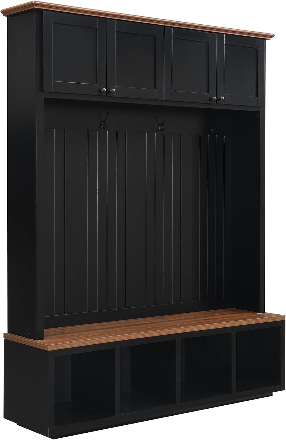 VilroCaz Modern 59''W Hall Tree with Bench and Storage, Farmhouse Wood-grain Accent 4-in-1 Hall Tree with Top Cabinets, Coat Racks and Hooks for Hallway Living Room Mudroom (Black-4DM)