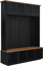 VilroCaz Modern 59''W Hall Tree with Bench and Storage, Farmhouse Wood-grain Accent 4-in-1 Hall Tree with Top Cabinets, Coat Racks and Hooks for Hallway Living Room Mudroom (Black-4DM)