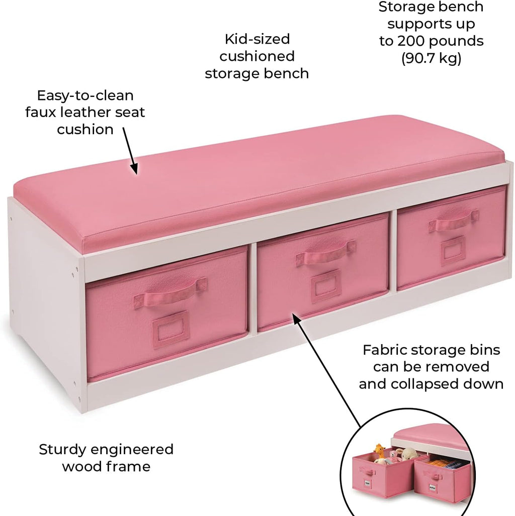 Badger Basket Kids’ Storage Bench with Cushion - Toy Organizer with 3 Removable Bins, Faux Leather Seat, Durable Wood Frame - Seating and Storage for Playroom or Bedroom - White/Rose