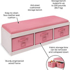 Badger Basket Kids’ Storage Bench with Cushion - Toy Organizer with 3 Removable Bins, Faux Leather Seat, Durable Wood Frame - Seating and Storage for Playroom or Bedroom - White/Rose