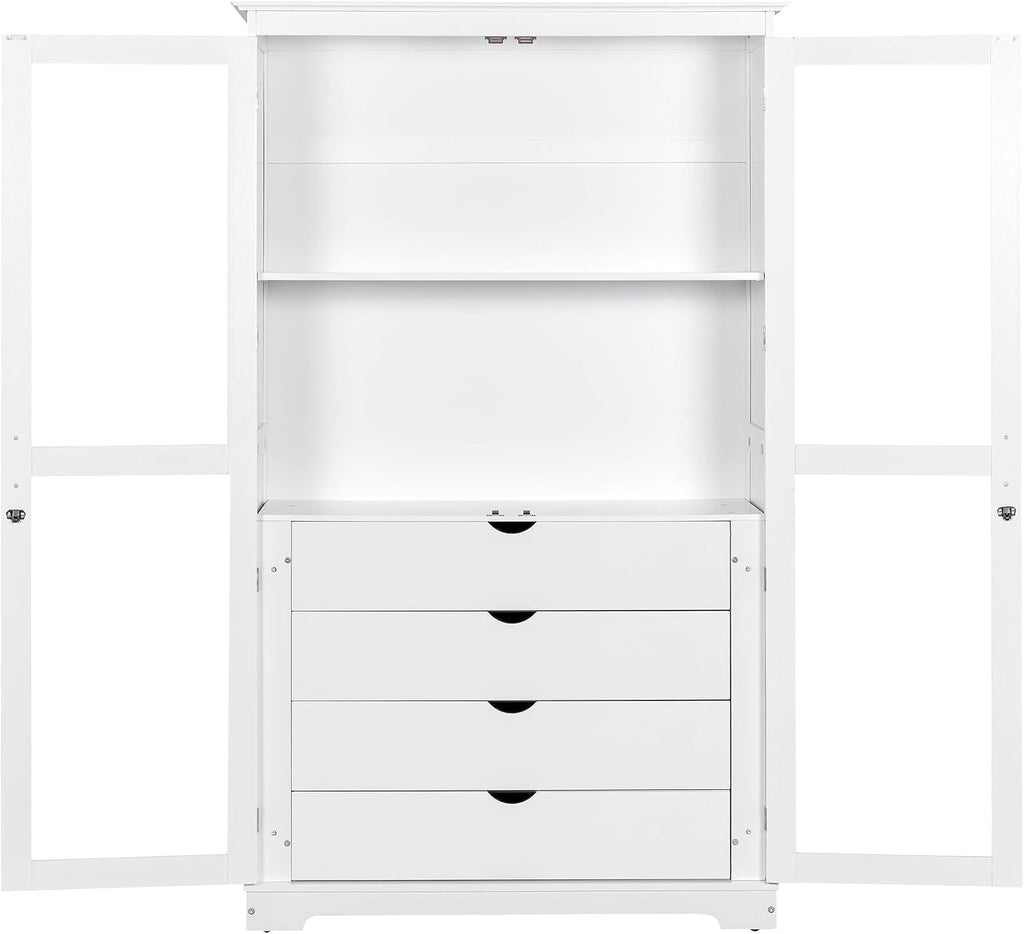 LUMISOL 75" Tall Kitchen Pantry with 4 Built-in Drawers, Kitchen Storage Cabinet with Glass Doors, Display Cabinet for Living Room Dining Room Office, White