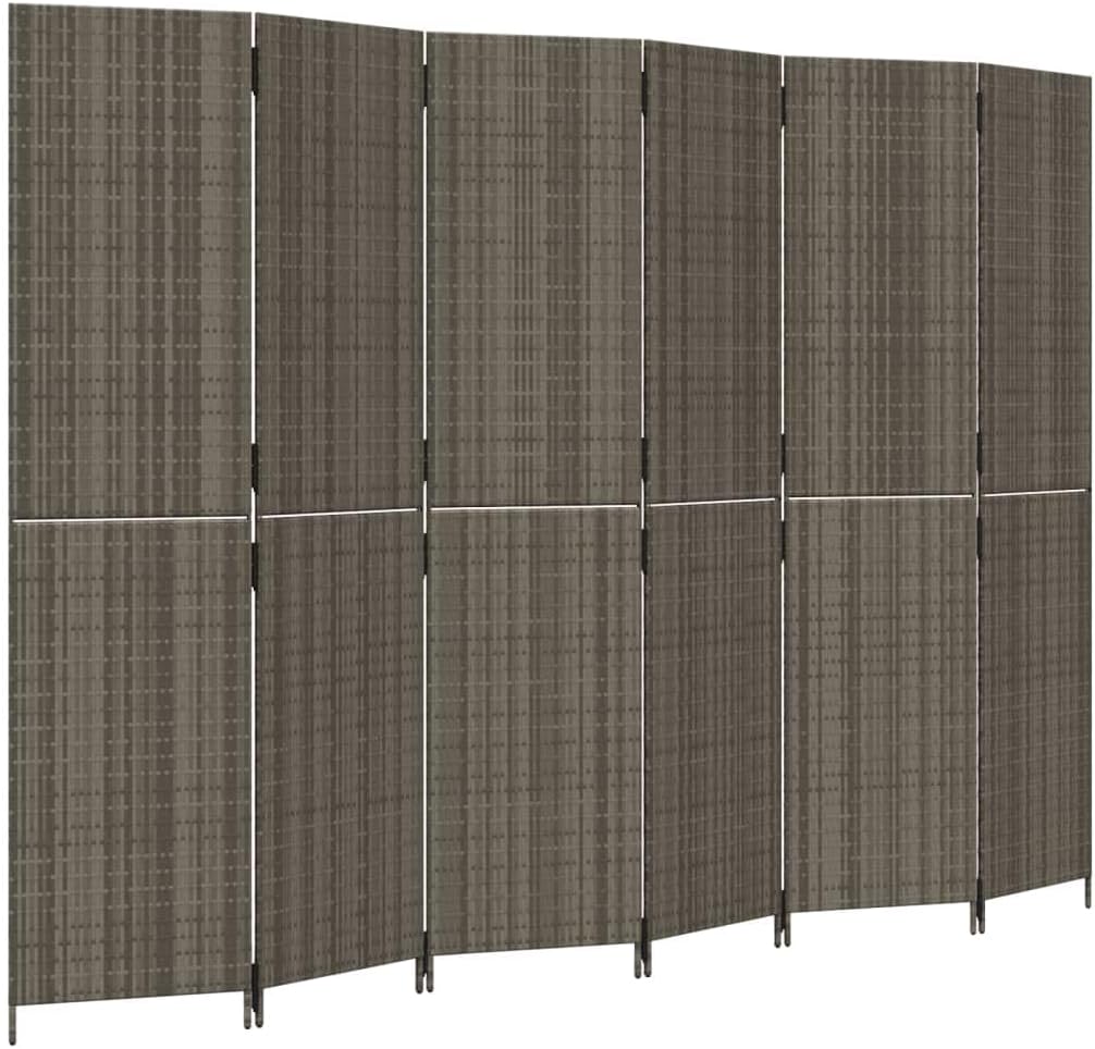 Poly Rattan Room Divider 6 Panels Gray, Privacy Screen with Powder-Coated Steel Frame, Foldable Partition for Indoor Outdoor Use, Blocks Sunlight