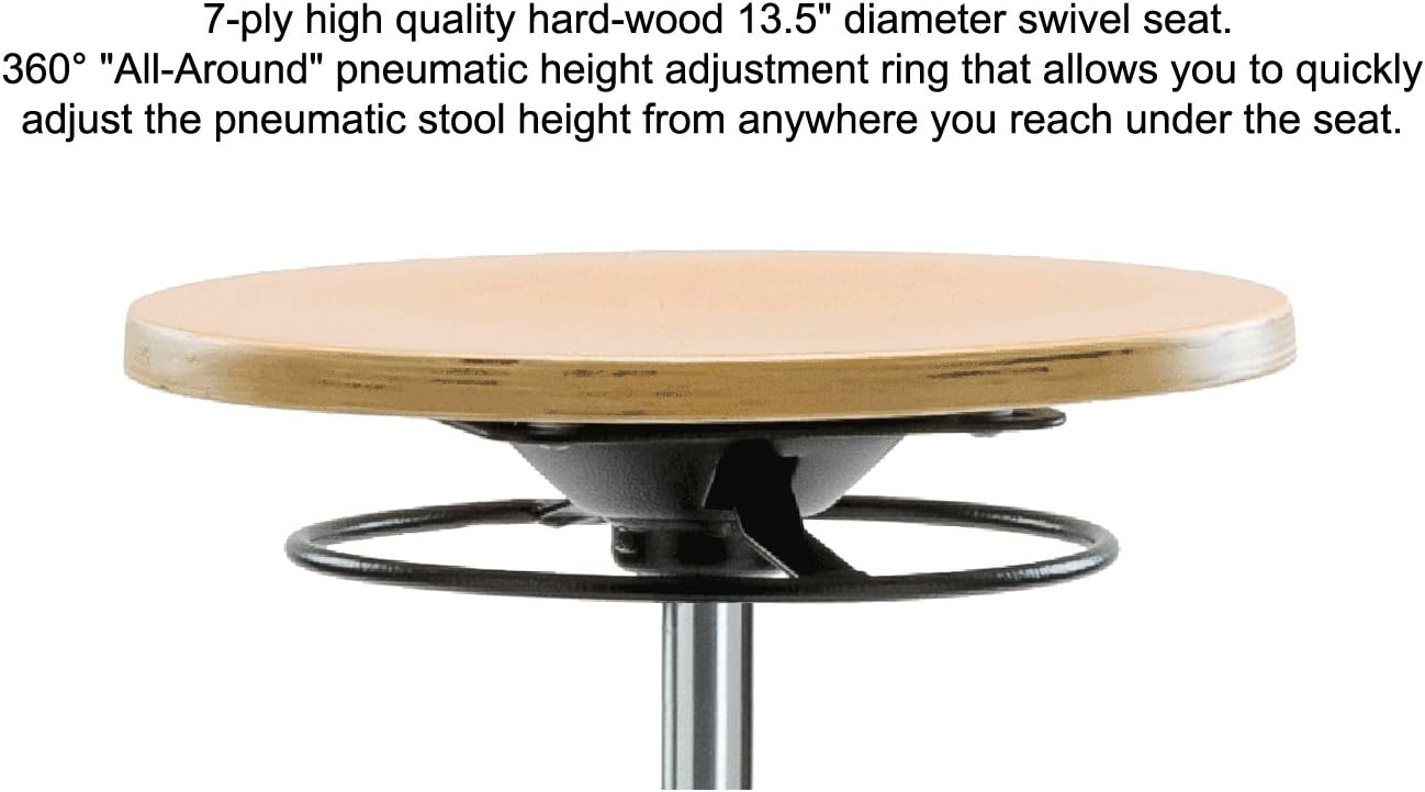 Perch Wood Rolling Pneumatic Stool, All Around Adjustment Ring and Wheels for Hardwood or Tile Floors, Desk Height