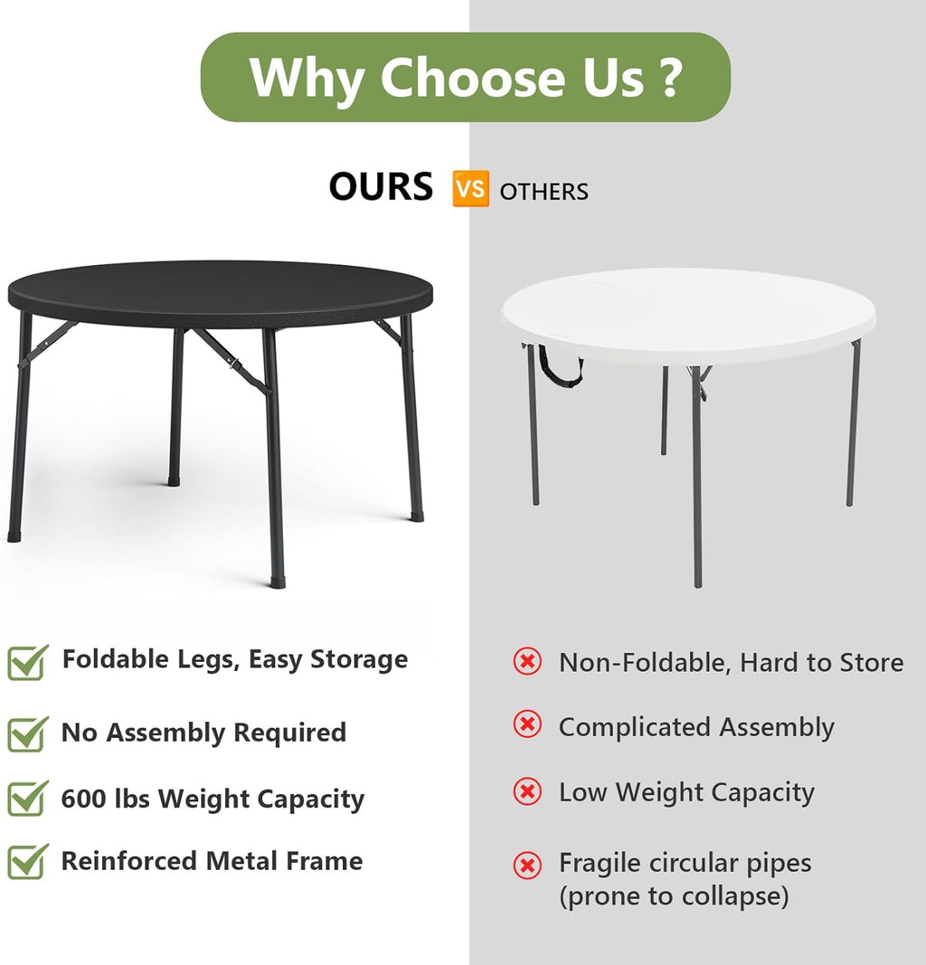 Round Folding Table, 48" Round Card Table with Foldable Steel Legs, Heavy Duty Plastic Banquet Table for Outdoor Party, Event, Kitchen, Black