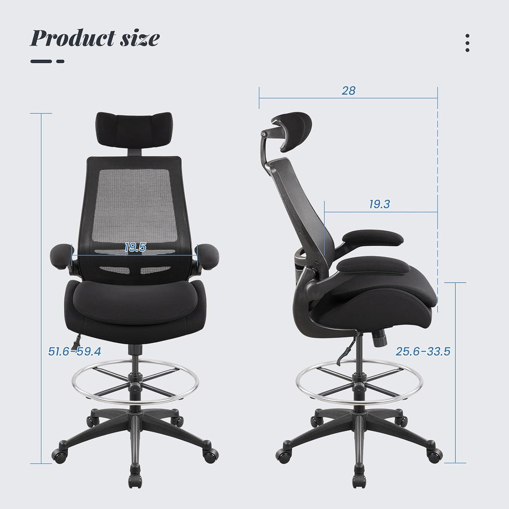 400lbs Ergonomic Drafting Tall Office Chair for Adjustable Standing Desk with Flip-Up Arms, Headrest (with Footring, Black)