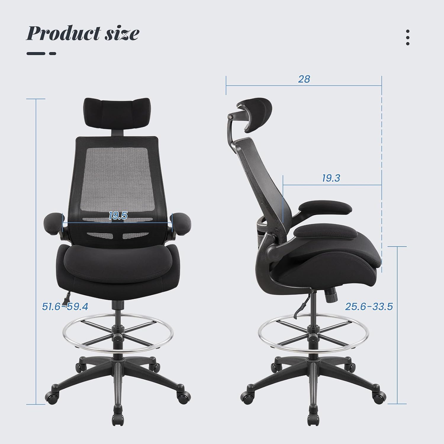 400lbs Ergonomic Drafting Tall Office Chair for Adjustable Standing Desk with Flip-Up Arms, Headrest (with Footring, Black)