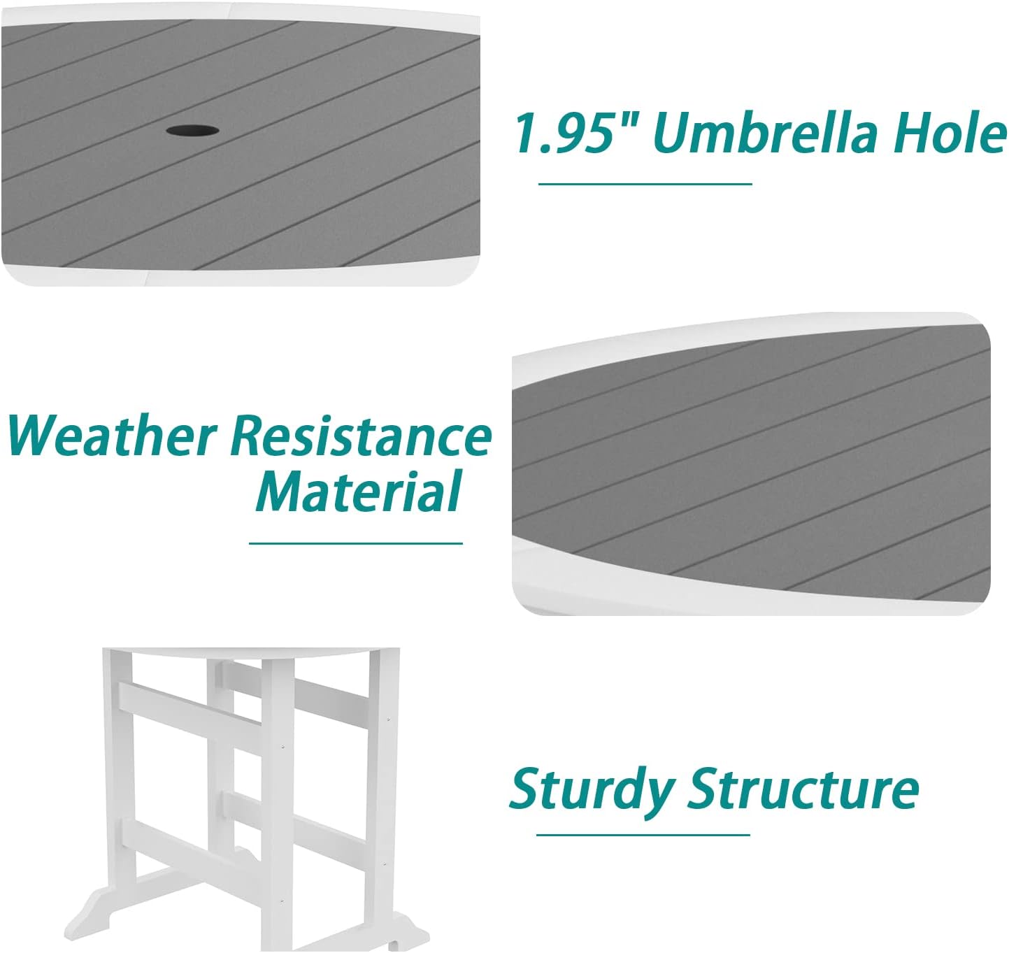 Outdoor Patio Table Bar Height Table and Bar Chairs Set of 4, for Garden Backyard Poolside Balcony, Umbrella Hole (5 PCS, Grey and White)