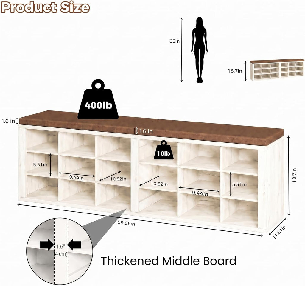 AMONIDA Shoe Storage Bench with Cushion, Entryway Bench with Shoe Storage,18 Cubby Shoe Bench with Removable Dividers, Shoe Organizer Bench for Entryway, Living Room, Light Grey (18, Light Wood)