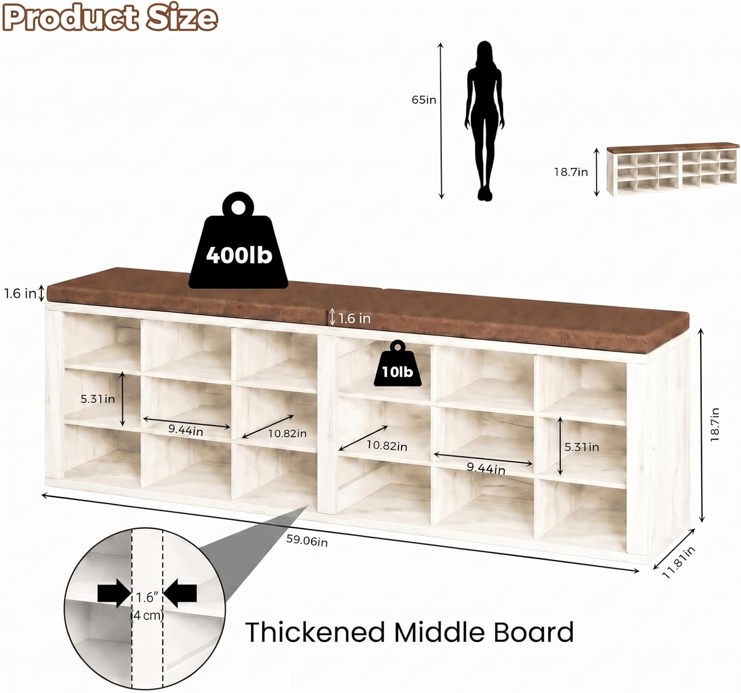 AMONIDA Shoe Storage Bench with Cushion, Entryway Bench with Shoe Storage,18 Cubby Shoe Bench with Removable Dividers, Shoe Organizer Bench for Entryway, Living Room, Light Grey (18, Light Wood)