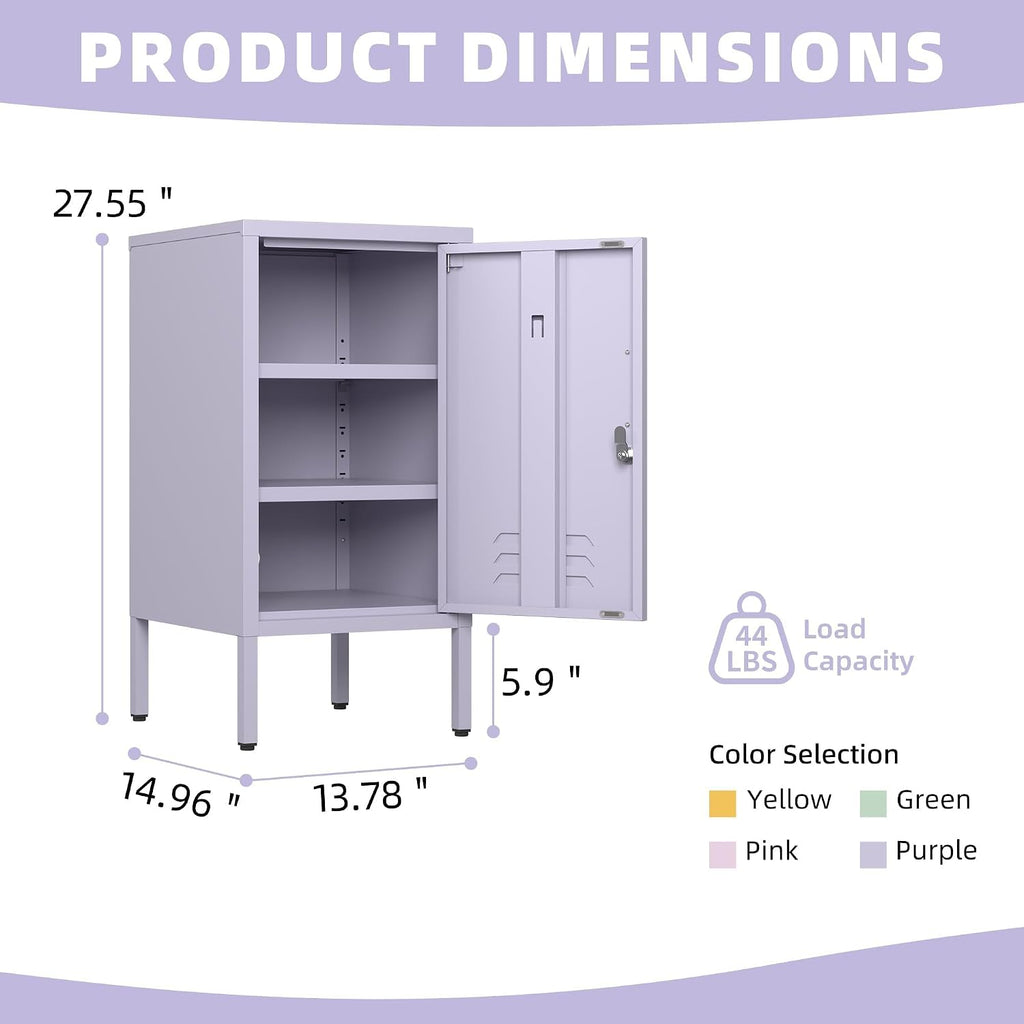 Lockable Metal End Table with 2 Adjustable Shelves, Modern Single Door Side Table, Industrial Metal Nightstand with Storage Cabinet for Bedroom, Living Room, Office, Easy Assembly