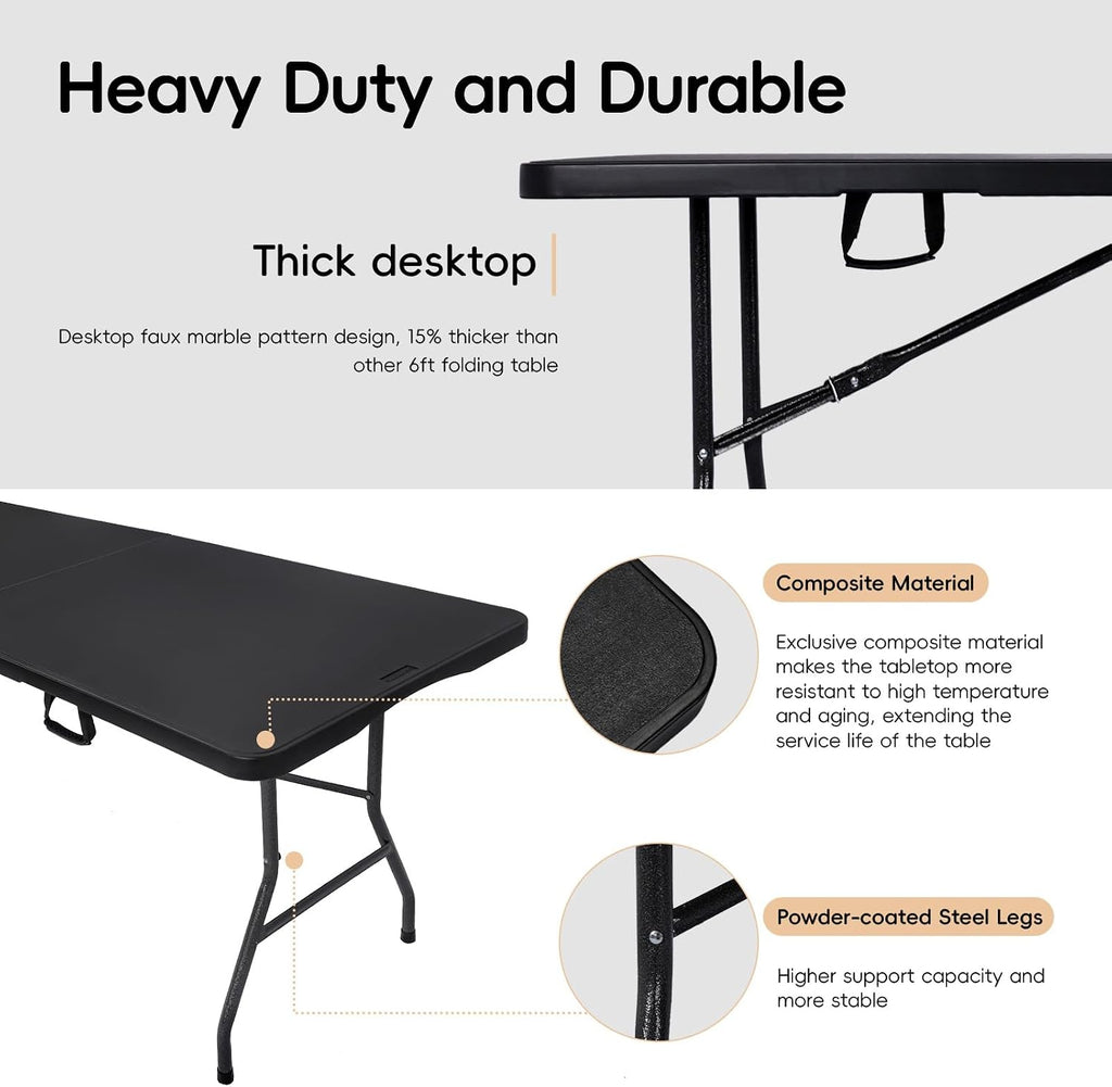 pollilar Folding Table 6FT Heavy Duty Portable Plastic Foldable Table Black | 6 Foot Fold-in-Half Utility Desk for Outdoor Camping Party Dining Wedding Events Picnic Indoor Working Meeting Banquet BBQ