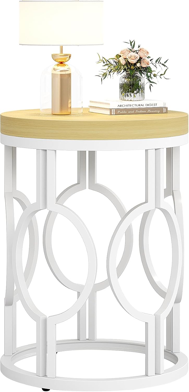 Tribesigns Round End Table, Farmhouse Side Table with White Metal Hollow Frame, Small Bedside Table Nightstand for Living Room, Bedroom, Easy Assembly (Natural Beige,1PC)