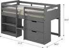 Grey Twin Loft Bed with Built in Drawers and Bookshelf