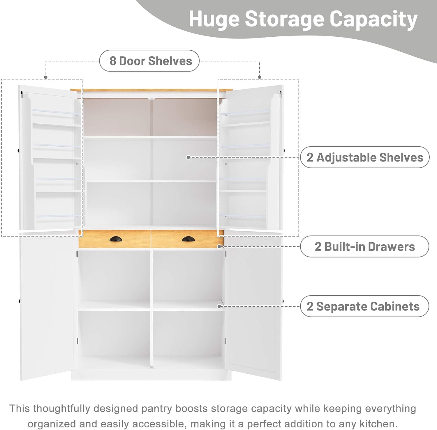 Litex 40.2" Wide Kitchen Pantry Cabinet, 71.3" Tall Freestanding Storage Cabinet with 2 Drawers, Adjustable Shelves & 8 Door Shelves, Large Farmhouse Kitchen Cupboard for Kitchen Dining Room (White)