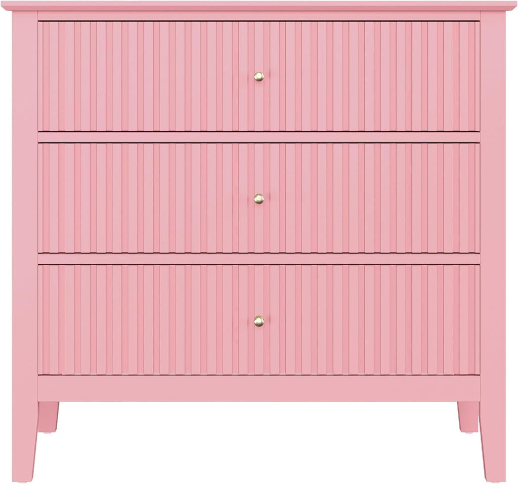 RoyalCraft 32" Large Nightstand Set of 2, Fluted Painted Bedside Table with 3 Spacious Drawers, Modern Tall End Table for Bedroom, Pink