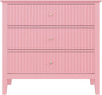 RoyalCraft 32" Large Nightstand Set of 2, Fluted Painted Bedside Table with 3 Spacious Drawers, Modern Tall End Table for Bedroom, Pink