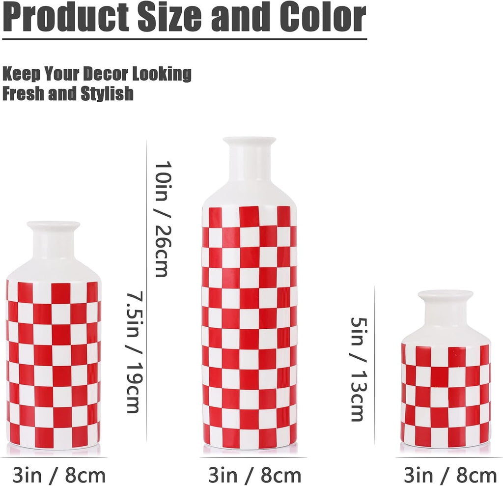Ceramic Checkered Decorative Vase Set of 3,Black and White Porcelain Accent Vases with Varying Heights,Modern Minimalist Home Decor for Living Room,Shelf,Table,Farmhouse Style Gift (Red)