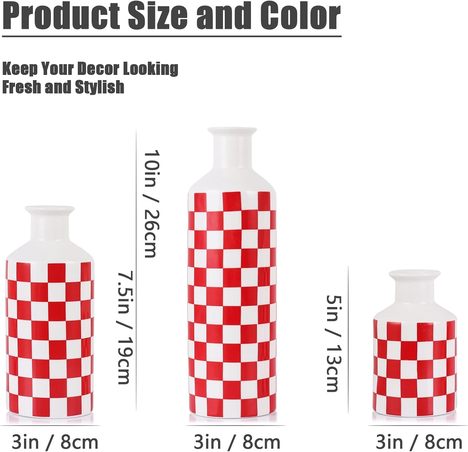 Ceramic Checkered Decorative Vase Set of 3,Black and White Porcelain Accent Vases with Varying Heights,Modern Minimalist Home Decor for Living Room,Shelf,Table,Farmhouse Style Gift (Red)