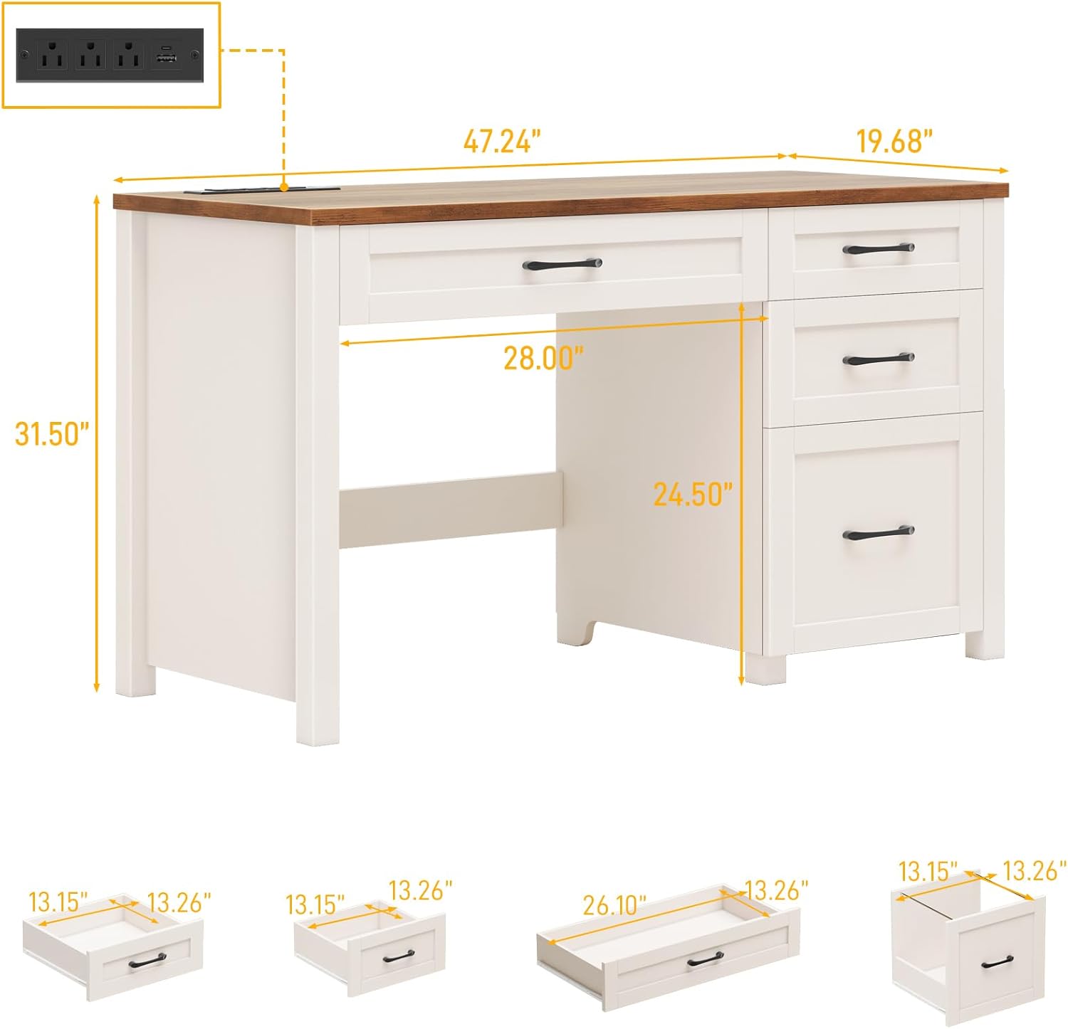 Vabches Farmhouse 47" Executive Desk with 4 Drawers, Computer Desk with File Drawer and Charging Station, Workstation for Home Office, Study. Unique White.