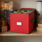 Christmas Ornament Organizer and Storage Box - Tear-Proof Non-Woven Container with 3-Inch Cube Compartments and Dual Zippers - Holds 64 Ornaments - Red