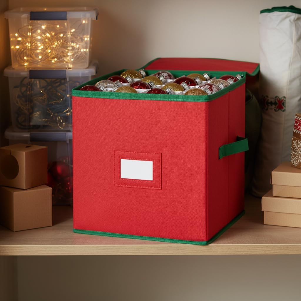 Christmas Ornament Organizer and Storage Box - Tear-Proof Non-Woven Container with 3-Inch Cube Compartments and Dual Zippers - Holds 64 Ornaments - Red