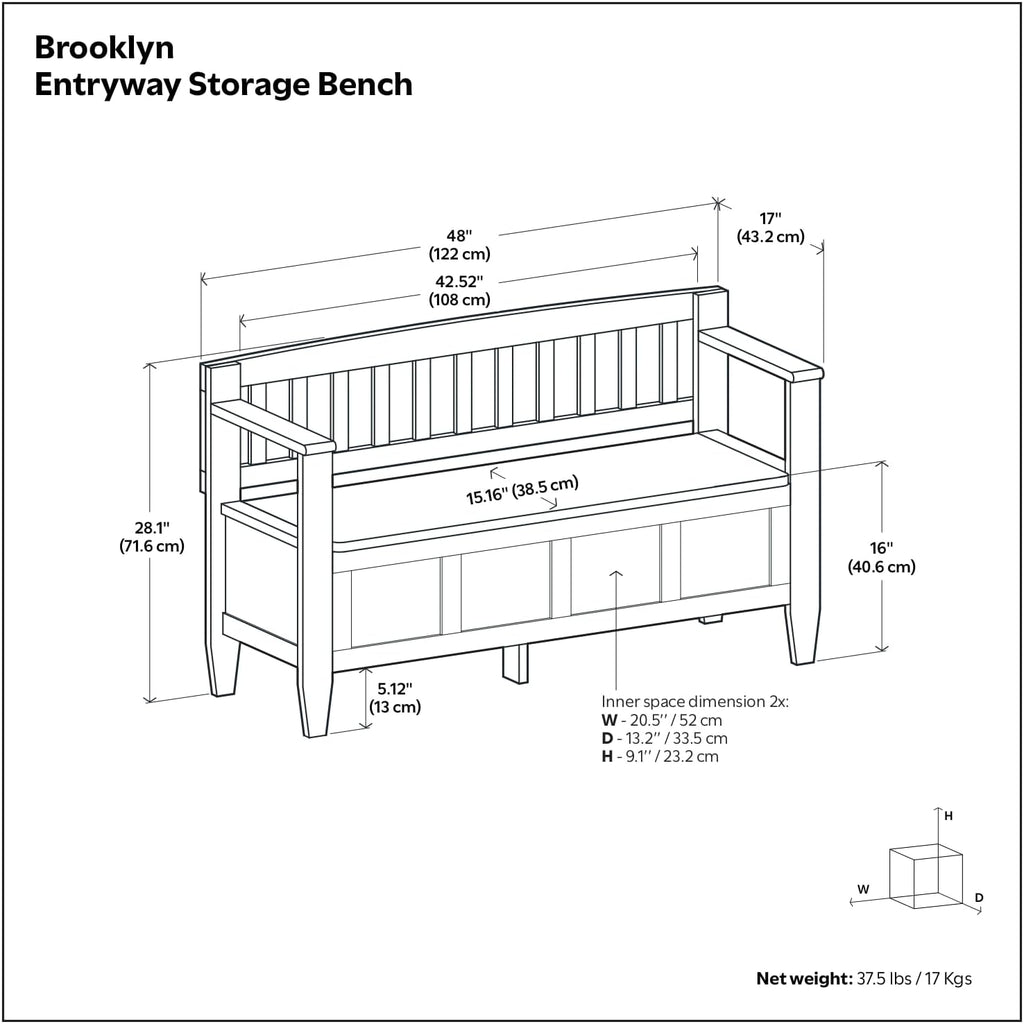 SIMPLIHOME Brooklyn Entryway Storage Bench - 48 inch Wide Solid Wood Storage Seat in Aged Grey, Contemporary Bench for Entryway or Living Room with Lift-Up Lid and Slatted Backrest