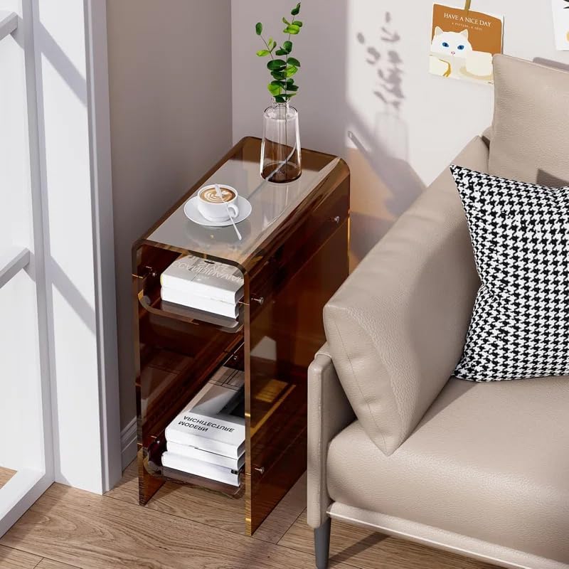 Acrylic End Table with Storage, Narrow Slim Side Table for Small Spaces Skinny nightstand Bedside Table for Bedroom, Living Room, Office (Brown)