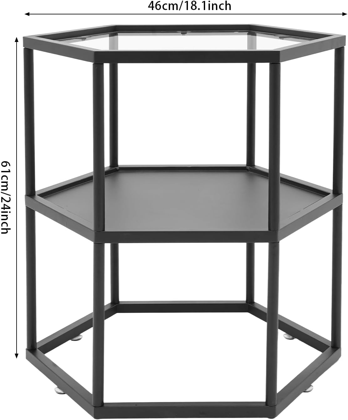 Side Table, Modern Coffee Tables with 2-Tier Storage with Metal Frame, Hexagon Glass Center Table for Living Room Bedroom Office Apartments Decor