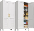74.8" H Metal Pantry Cabinet with Doors and Adjustable Shelves, Tall Freestanding Kitchen Storage Cabinet with Decorative Louver Doors for Pantry, Laundry Room, Bathroom & Entryway White