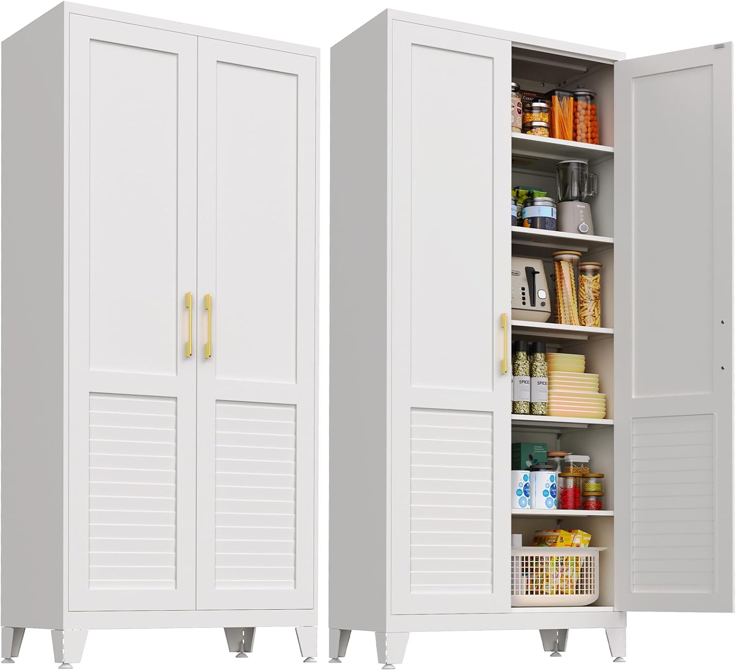 74.8" H Metal Pantry Cabinet with Doors and Adjustable Shelves, Tall Freestanding Kitchen Storage Cabinet with Decorative Louver Doors for Pantry, Laundry Room, Bathroom & Entryway White