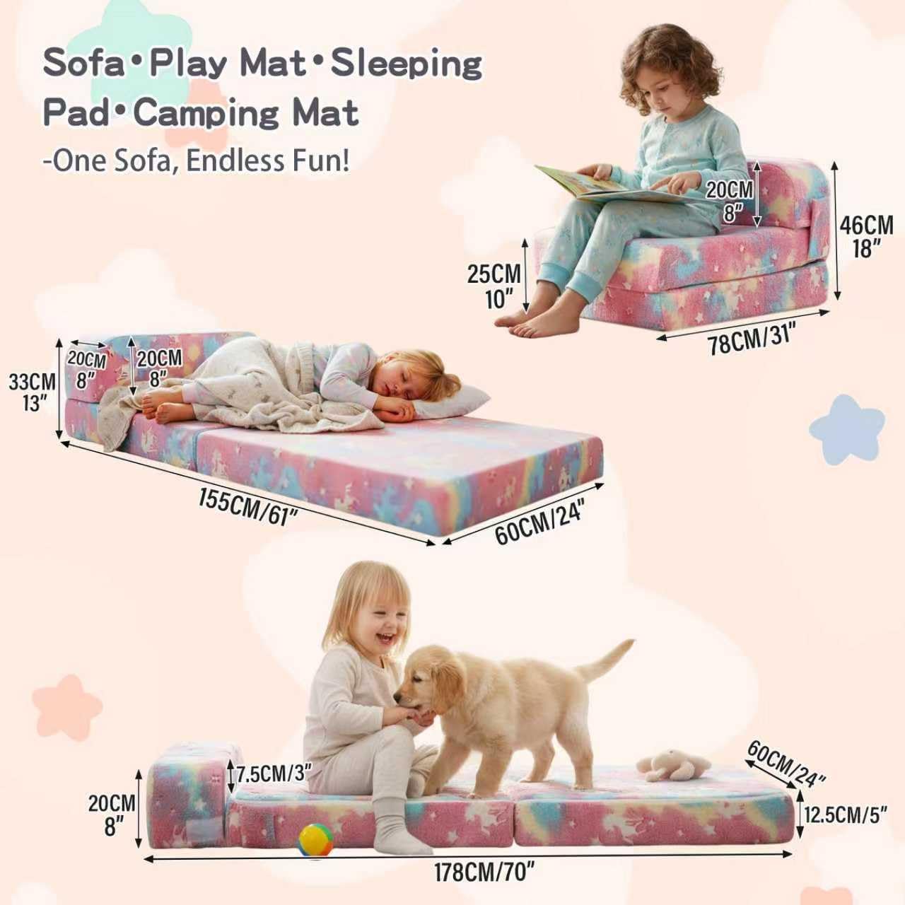 Tiita Folding Sofa Bed for Kids, Toddler Fold Out Couch Bed with Removable Cover, Kids Futon Sleeper Chair Folding Beds Mattress for Children Room, Living Room, Guest Room,Colorful