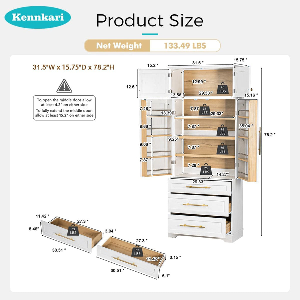 78.2" Tall Kitchen Pantry Cabinet with 8 Door Shelves and 3 Adjustable Shelves for Dining Room, Freestanding Storage Cabinet with 3 Large Drawers, Versatile Cupboard for Bathroom (White)