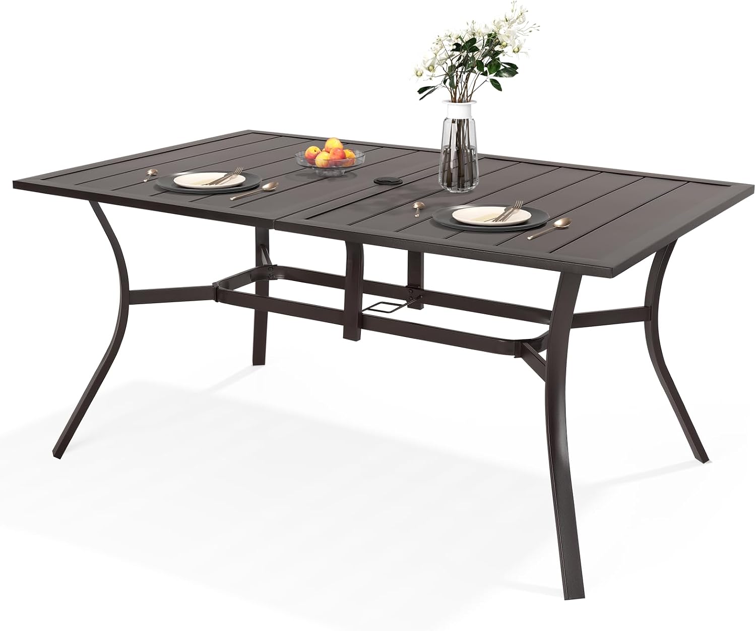 Outdoor Metal Steel Rectangle Patio Dining Table, 6 Person Patio Table with Adjustable Umbrella Hole, Weather-Resistant for Garden Backyard Porch, Dark Brown