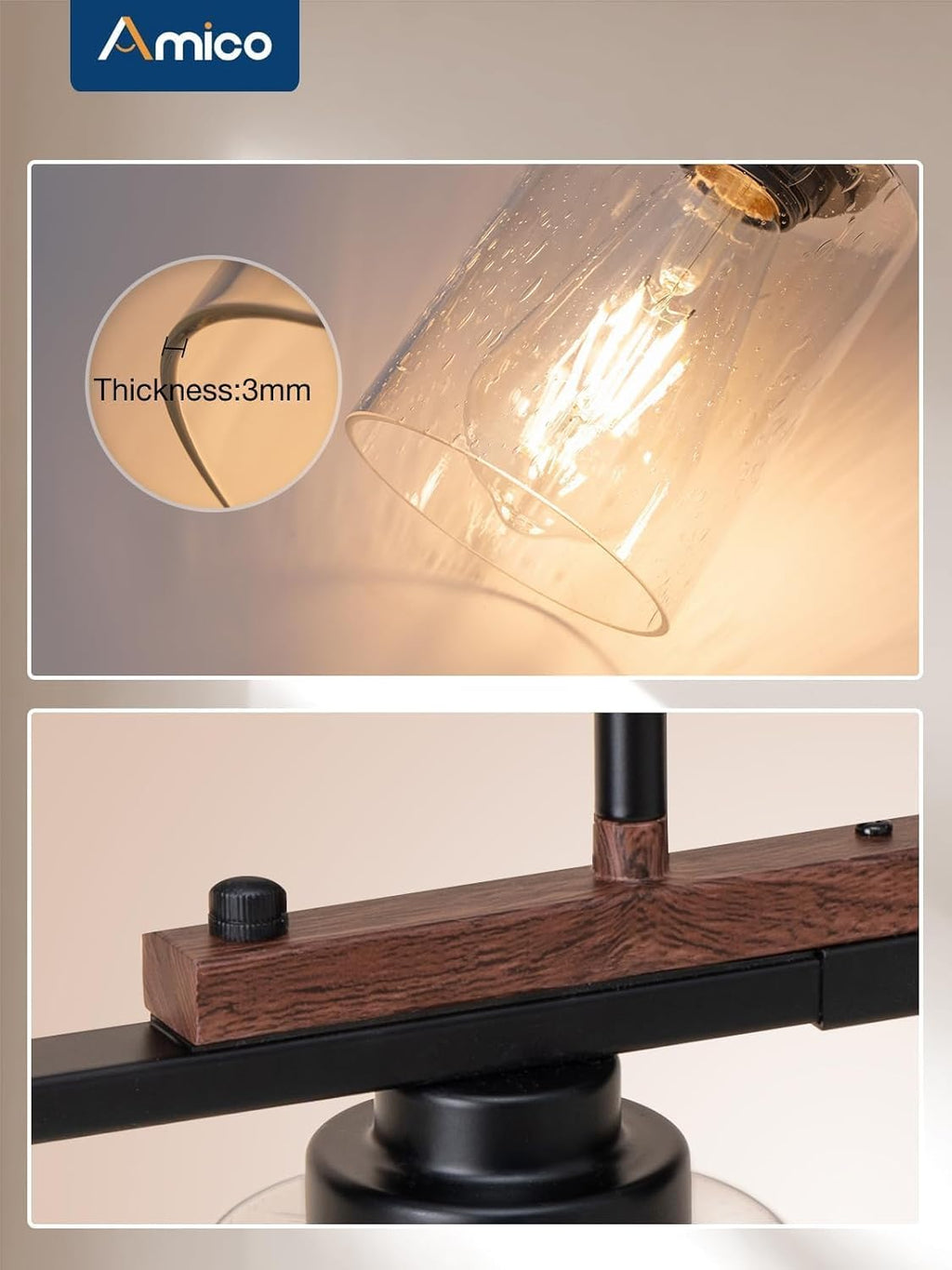 Amico Dining Room Light Fixture 4-Light Kitchen Island Lighting with Adjustable Rods, Farmhouse Decor Black Metal & Wood Chandelier with Seeded Glass Shade, Island Lights for Kitchen