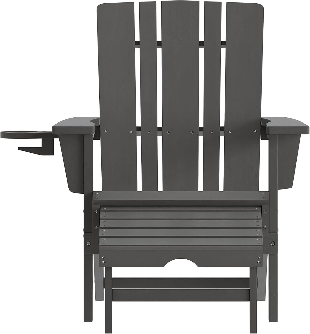 Flash Furniture Halifax Poly Resin Adirondack Chair with Cup Holder and Pull Out Ottoman, All-Weather Poly Resin Indoor/Outdoor Lounge Chair, Gray, Set of 1