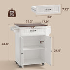 Gizoon Kitchen Island Cart with Adjustable Shelf, 33" W White Mobile Trolley Cart on Metal Wheels with Drawer & Storage Cabinet, Spice Rack & Towel Rack, for Dining Room, Bar, Retro Wooden Countertop