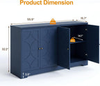 RoyalCraft Sideboard Buffet Cabinet with Storage, 56" Modern Sideboard with 4 Carved Doors, Large Wood Coffee Bar Console Table for Kitchen, Dining Room, Entryway, Living Room, Blue