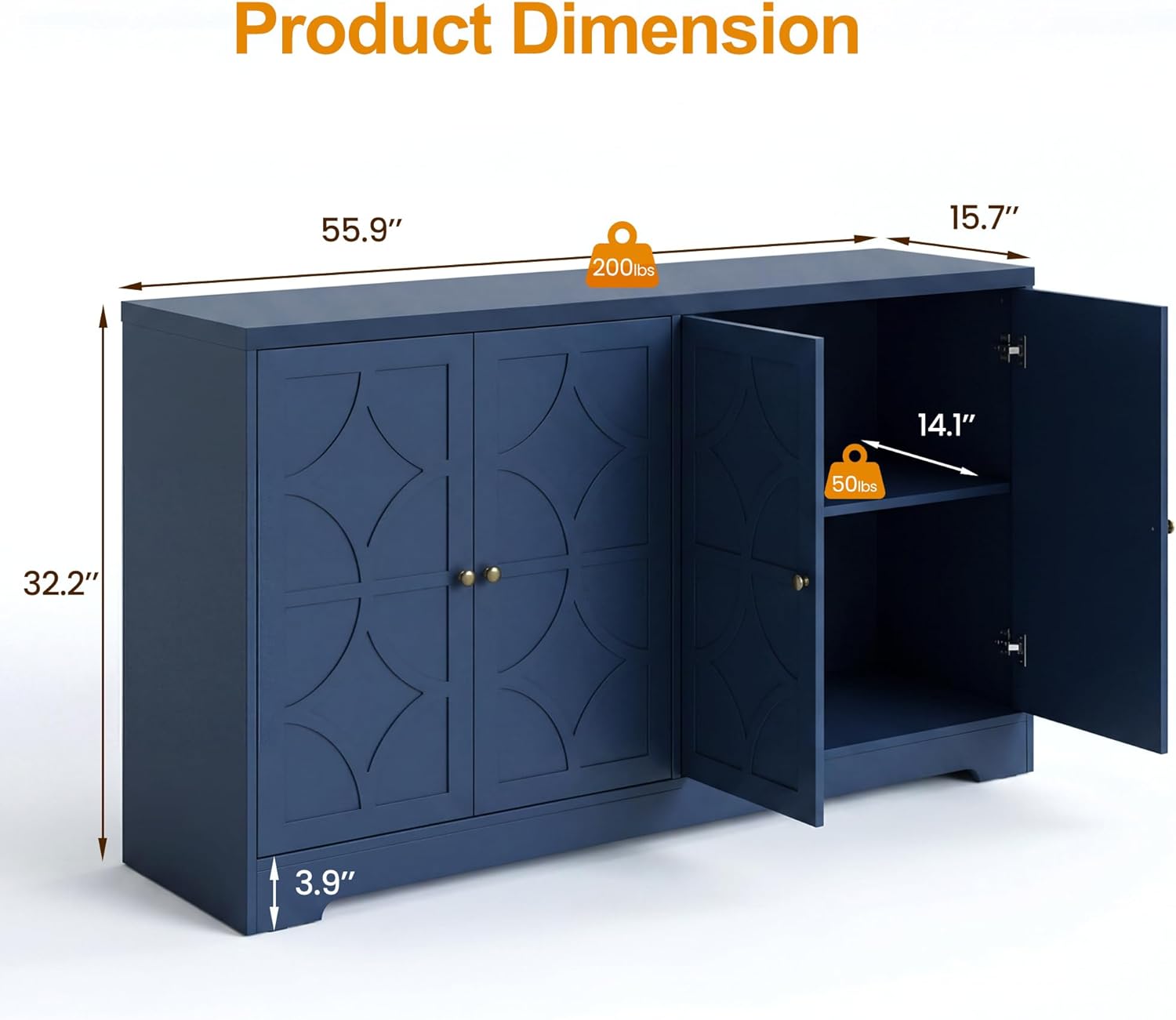 RoyalCraft Sideboard Buffet Cabinet with Storage, 56" Modern Sideboard with 4 Carved Doors, Large Wood Coffee Bar Console Table for Kitchen, Dining Room, Entryway, Living Room, Blue