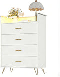 Jojoka 4 Drawer Dresser with RGB LED Light & Charging Station - Modern Chest of Drawers with App Control - Tall Wooden Dressers Chest, Closet for Bedroom, Living Room, Entryway, Hallway – White
