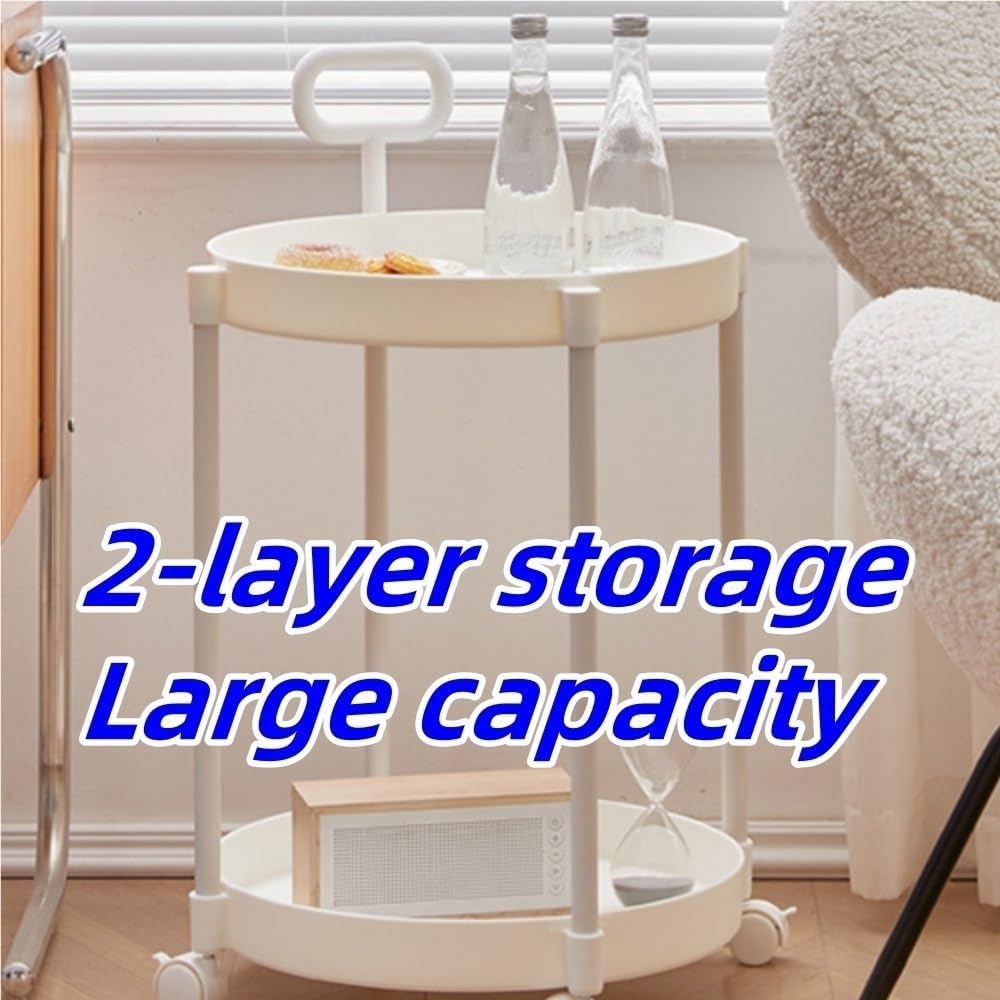 Sofa Side Table, Decorative Table with Universal Wheels, Metal Frame Coffee Table, 2-Tier Round Table, Trolley with Handle for Living Room, Balcony, Small Space(Brown)